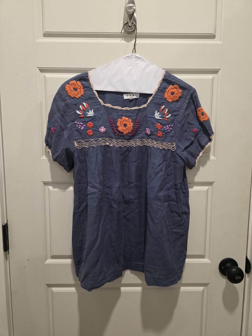 Boutique Blue Embroidered Floral Peasant Blouse